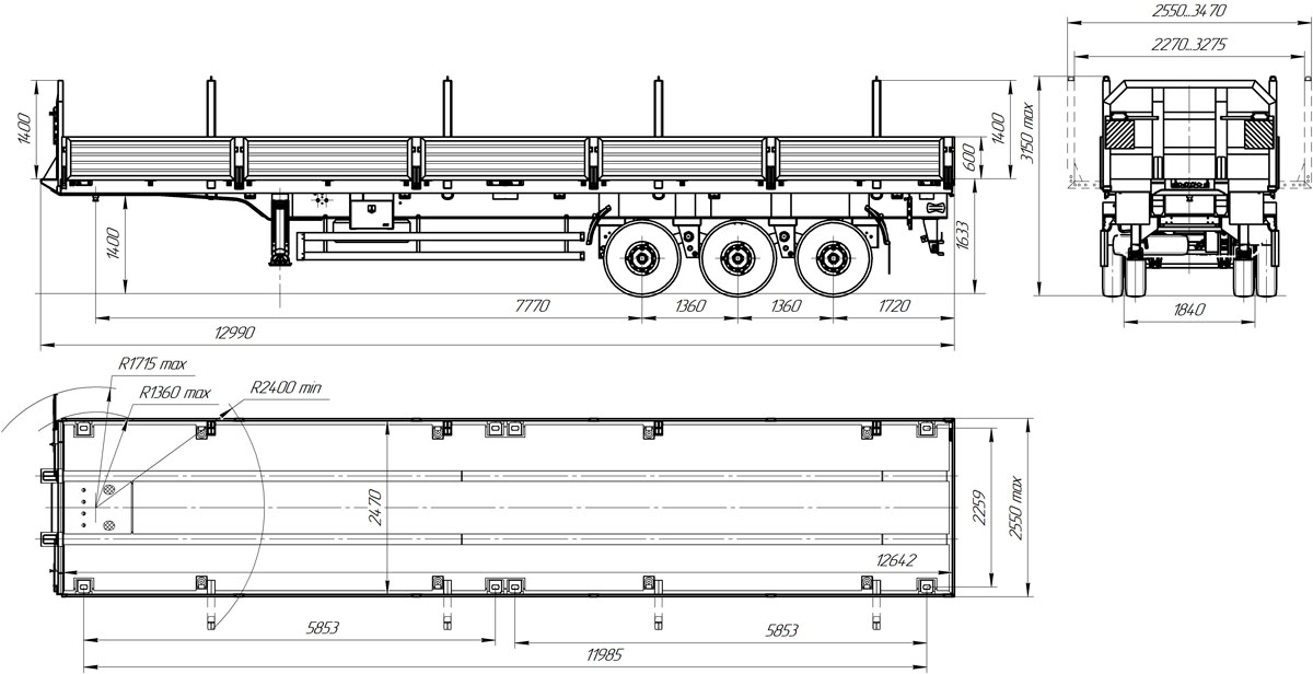 габаритный чертеж полуприцеп-контейнеровоза марки УЗСТ 9178-035Б3-10