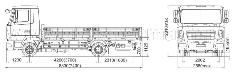 Габаритный чертеж среднетоннажного бортового автомобиля МАЗ 4371 (W1, W2, Р2)