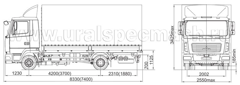 Габаритный чертеж среднетоннажного бортового тентованного автомобиля МАЗ 4371 (W1, W2, Р2)