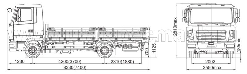 Габаритный чертеж среднетоннажного бортового автомобиля МАЗ 4371V2