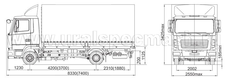 Габаритный чертеж среднетоннажного бортового тентованного автомобиля МАЗ 4371V2
