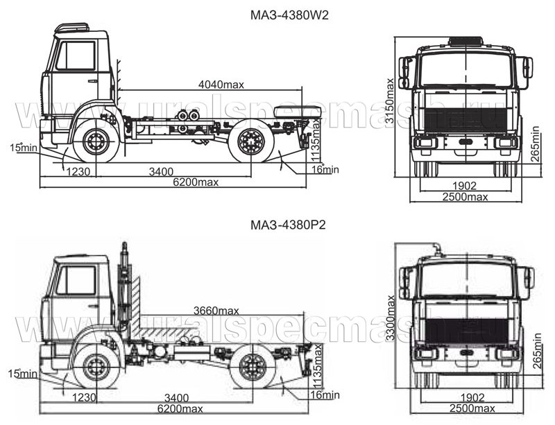 Габаритный чертеж шасси МАЗ 4380 (W2, P2)