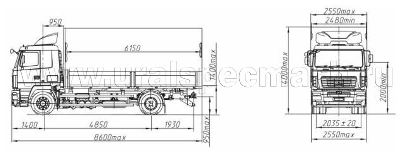Габаритный чертеж бортового тентованного автомобиля МАЗ 5340B5