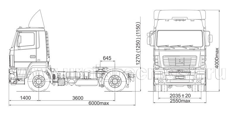 Габаритный чертеж седельного тягача МАЗ 5440В3-1480