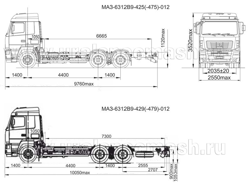 Габаритный чертеж шасси МАЗ 6312 В9