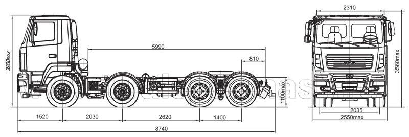 Габаритный чертеж шасси МАЗ 6316 (В9, W8, V8)