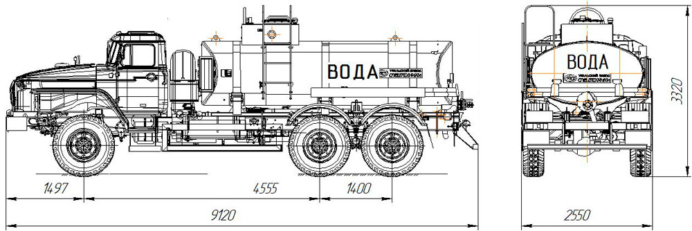 Габаритный чертеж автоцистерны для техводы АЦВ-10 Урал 4320-1912-60Е5