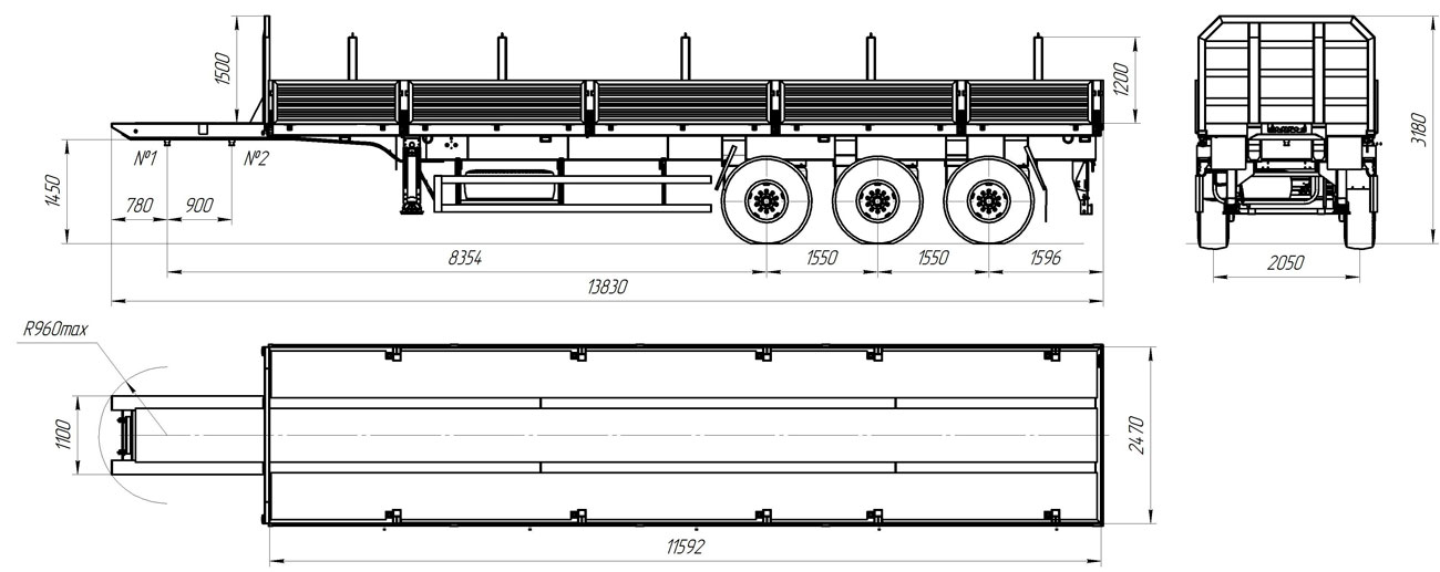Габаритный чертеж автопоезда полуприцеп-штанговоз (34,5 т.) + седельный тягач Камаз 43118 с КМУ АНТ 12-2