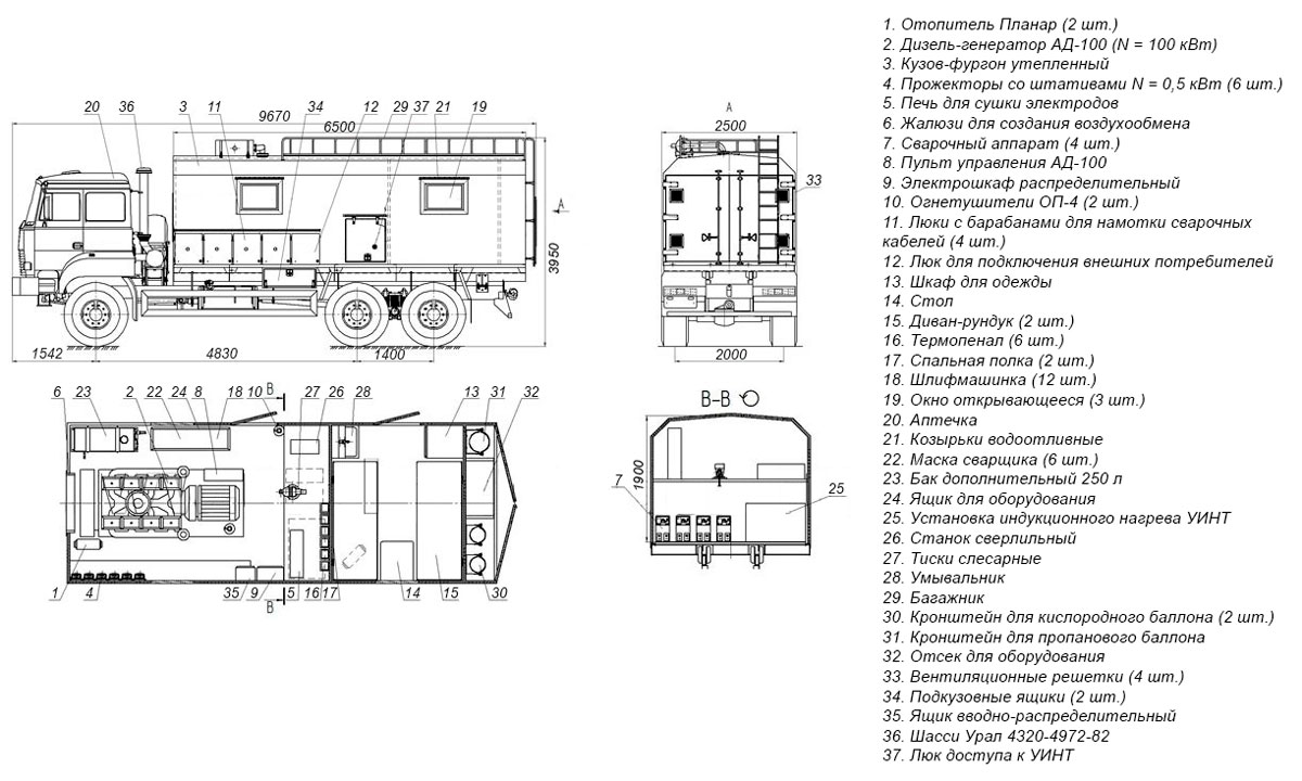 Планировка передвижного сварочного агрегата на шасси Урал 4320-4971-82Е5