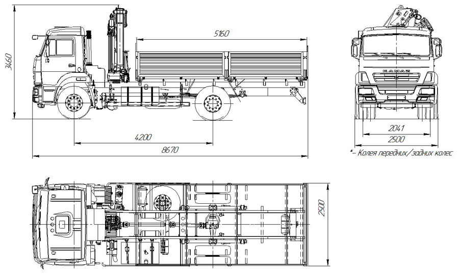 Габаритный чертеж бортового автомобиля Камаз 43253-3010-69(G5) с КМУ АНТ 8.5-2