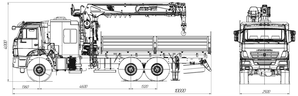 Габаритный чертеж бортового Камаза 43118-3027-50 со сдвоенной кабиной с КМУ АНТ 20-5ТЛ