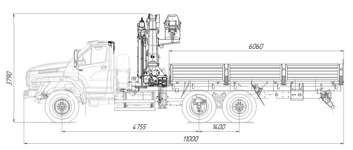 габаритный чертеж Бортового Урал-NEXT 4320 с КМУ АНТ 22-4