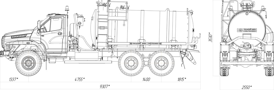 Габаритный чертеж вакуумной автоцистерны МВ-10 Урал-NEXT 4320-6952-72Е5Г38 (031)