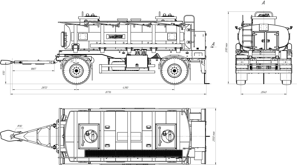 Габаритный чертеж прицеп-цистерны для ГСМ марки УЗСТ-ПЦ-12-004
