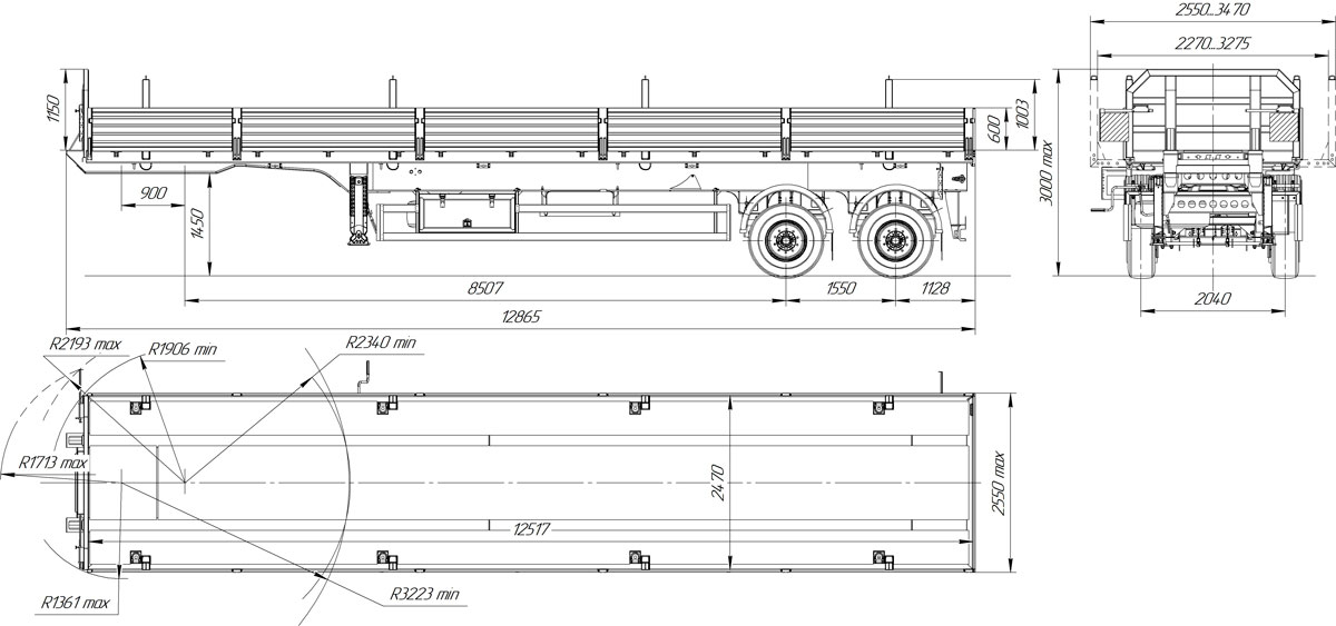 Габаритный чертеж бортового полуприцепа марки УЗСТ ППБ-9180-048Б2