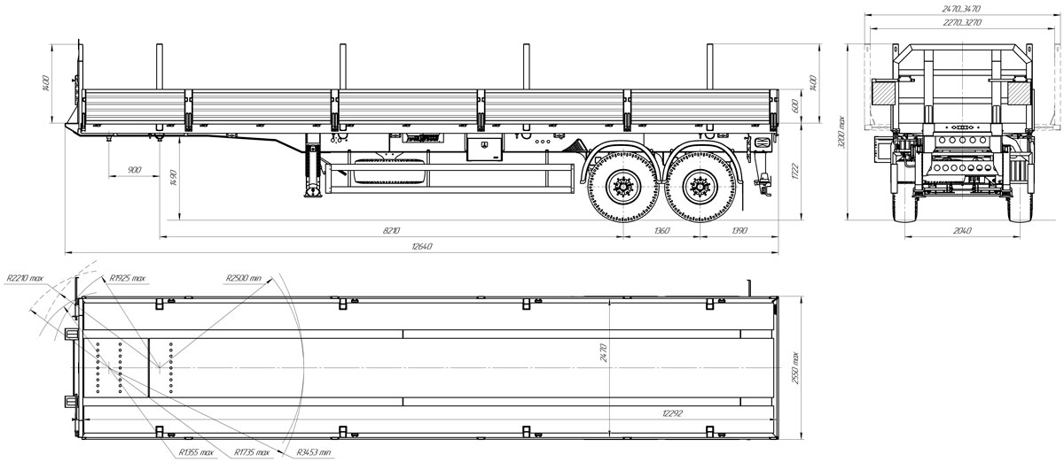 Габаритный чертеж бортового полуприцепа марки УЗСТ ППБ-9180А-049Б2