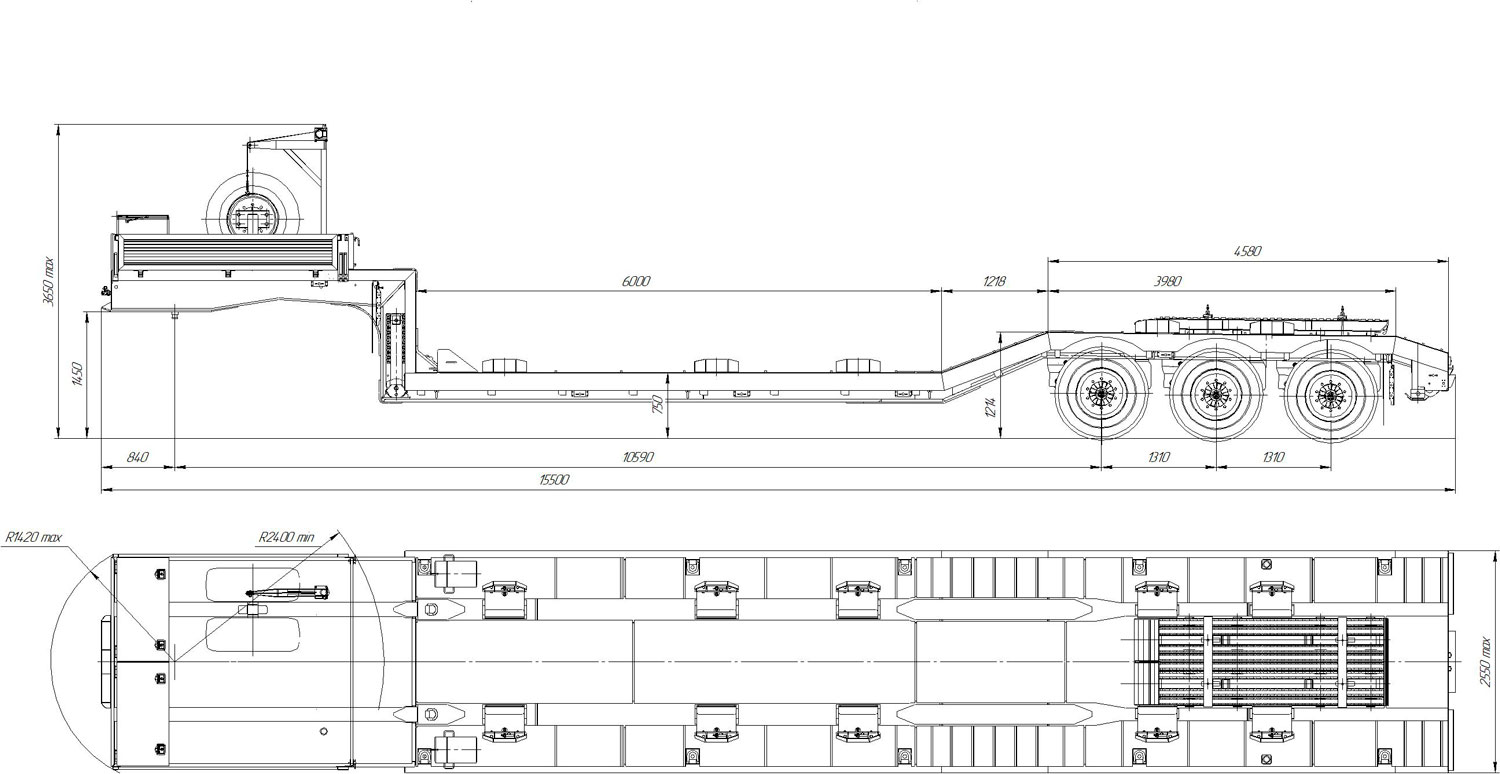 Габаритный чертеж полуприцепа-тяжеловоза низкорамного марки УЗСТ ППТ-9177-019Н3-10