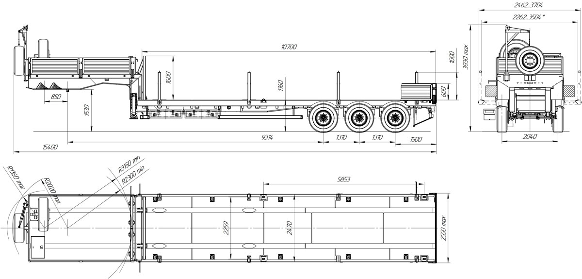 Габаритный чертеж полуприцепа-тяжеловоза низкорамного марки УЗСТ 9174-013Н3