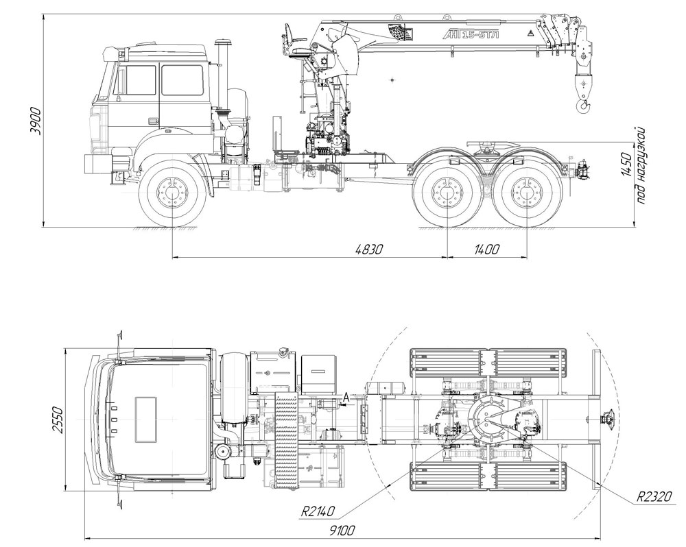 Габаритный чертеж седельного тягача Урал-NEXT 4320-4972-82 с КМУ АНТ 15-5ТЛ (007)