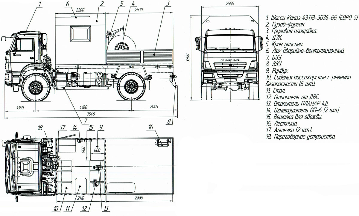 Габаритный чертеж грузопассажирского автобуса ГПА Камаз 43502-3036-66(D5)