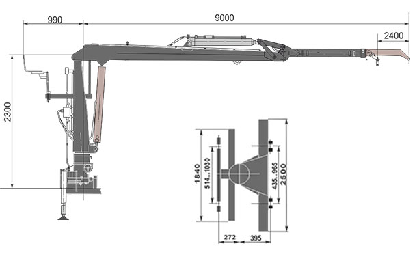Габаритный чертеж и схема крепления стационарнаого гидроманипулятора для леса Майман 100SC,100SC-01 (MM-100,ММ 100-01)