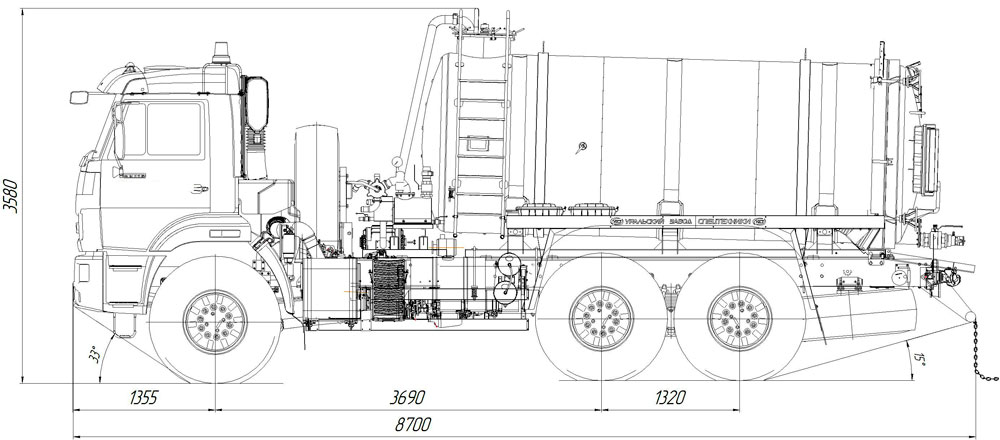 Габаритный чертеж автоцистерны ассенизационной МВ-10 Камаз 43118 с ОД