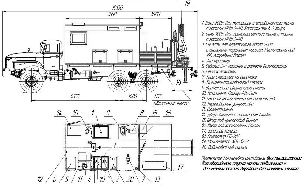 Планировка передвижной маслостанции с КМУ на шасси Урал 4320
