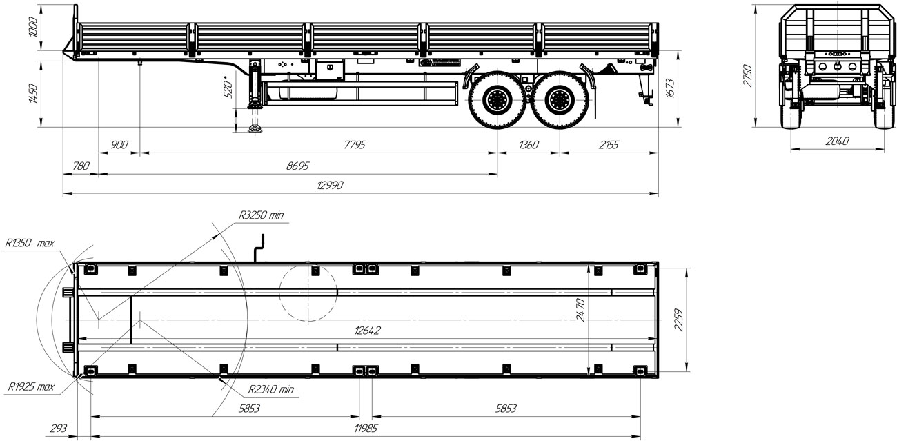 Габаритный чертеж бортового полуприцепа-контейнеровоза марки УЗСТ 9175-016Б2