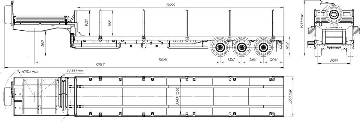 Габаритный чертеж полуприцепа-тяжеловоза высокорамного марки УЗСТ ППТ-9177-046В3-50 (45 т.)