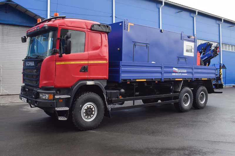 Контейнеровоз Scania G480 с КМУ АНТ 8.5-2 (фургон-мастерская)