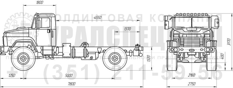 Габаритный чертеж шасси КрАЗ 5233НЕ тип 1