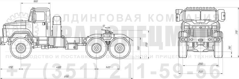 Габаритный чертеж бортового автомобиля КрАЗ 6446 тип 2