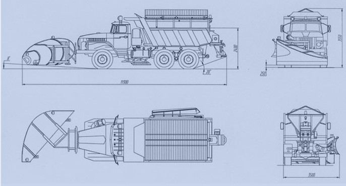 Габаритный чертеж всесезонной комбинированной дорожной машины ВМКД-18 Урал 5557-1112-60Е5