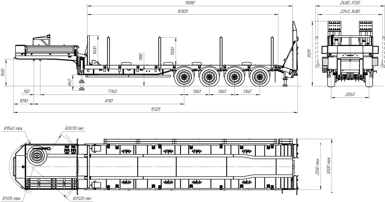 Габаритный чертеж 4-осного полуприцепа трала УЗСТ 9176-001В4