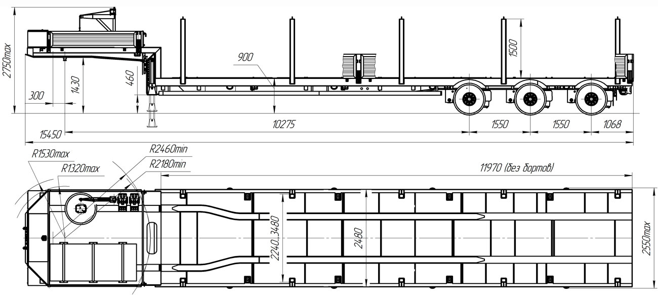 Габаритный чертеж полуприцепа-тяжеловоза УЗСТ 9174-002Н3 (35,5 тн)