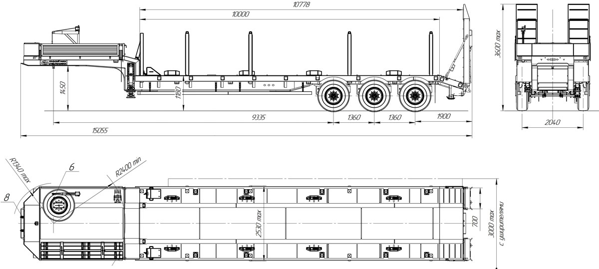 Габаритный чертеж полуприцепа-тяжеловоза высокорамного марки УЗСТ ППТ-9177-15В3-30