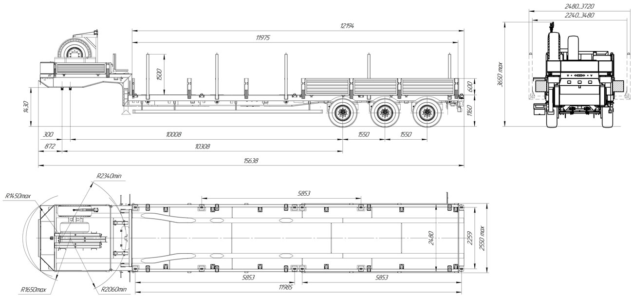 Габаритный чертеж полуприцепа-контейнеровоза марки УЗСТ 9174-026-10В3