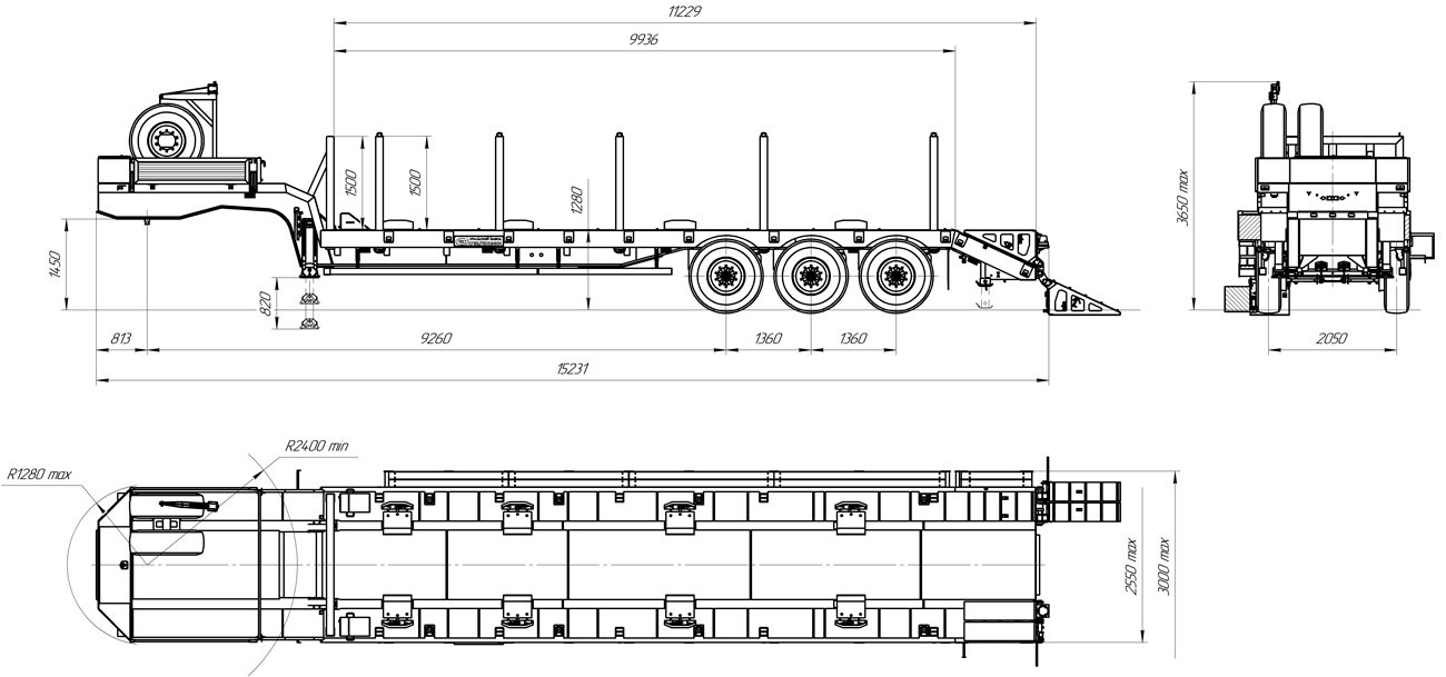 Габаритный чертеж высокорамного полуприцепа-тяжеловоза марки УЗСТ 9174-43В3