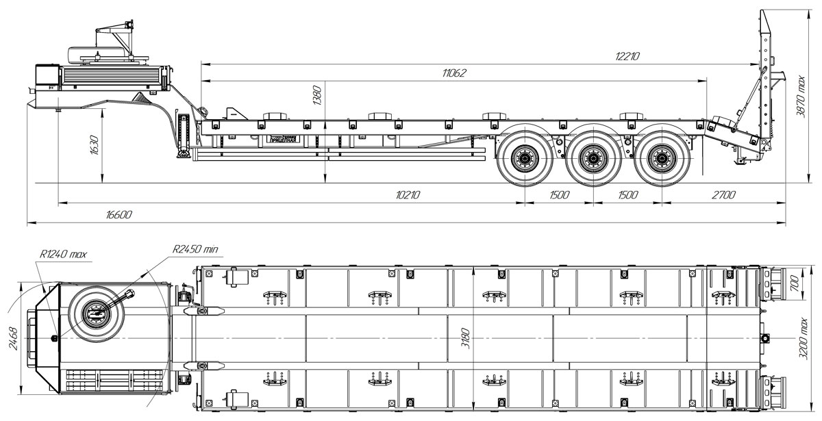 Габаритный чертеж высокорамного полуприцепа-тяжеловоза марки УЗСТ 9174-71В3