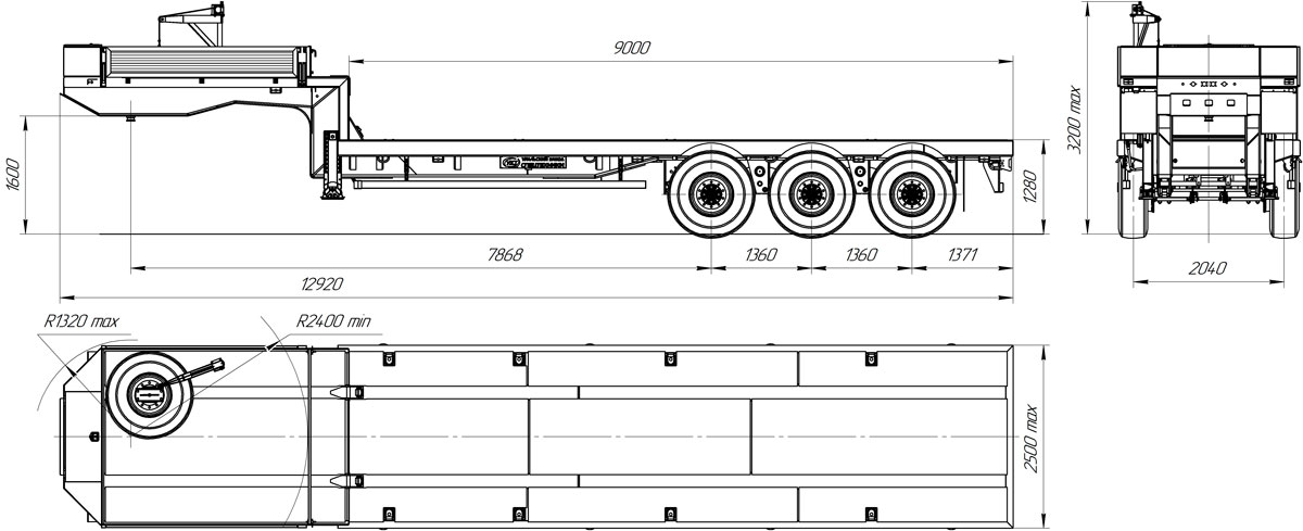 Габаритный чертеж полуприцепа-тяжеловоза высокорамного марки УЗСТ ППТ-9174-44В3
