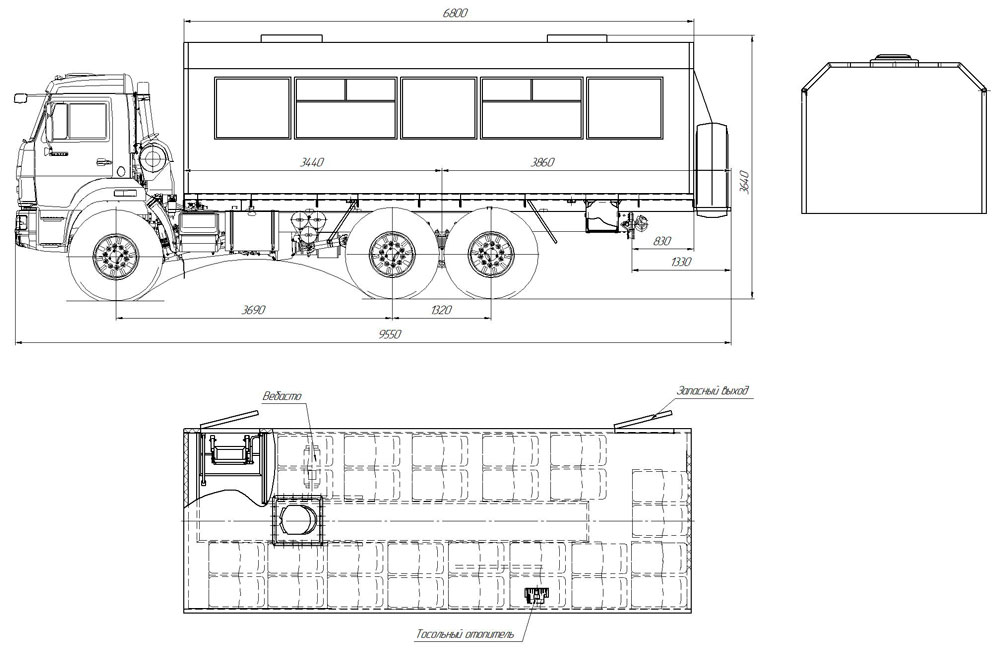 Габаритный чертеж вахтового автобуса Камаз 43118-3011-50 (002) – 28 мест