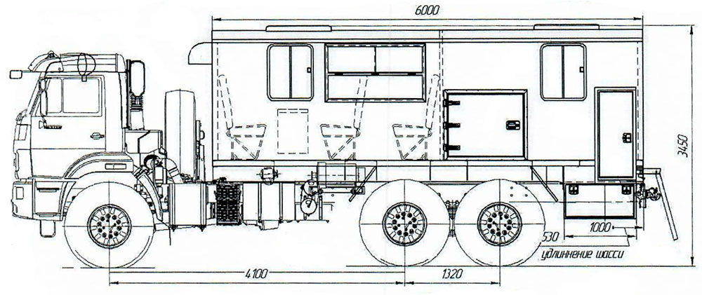 Габаритный чертеж вахтового автобуса Камаз 43118-3027-50 (002) – 8+2 места (с технологическим отсеком)