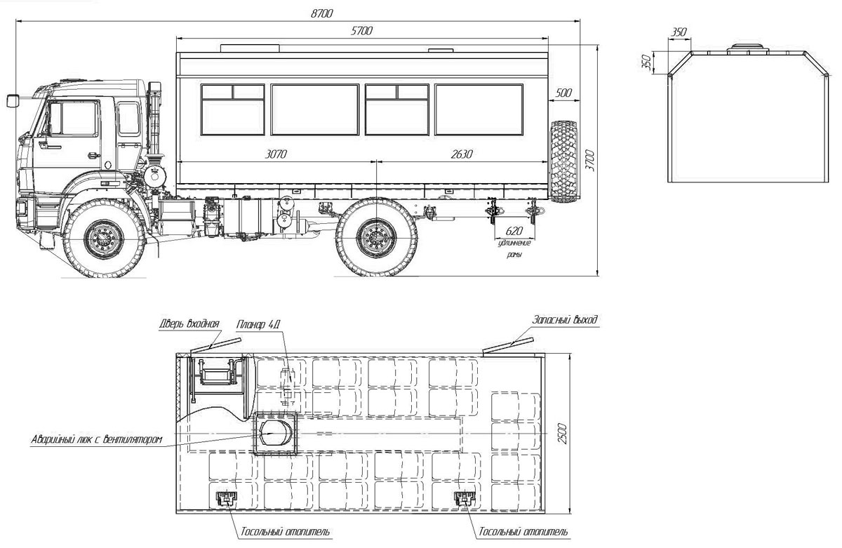 Габаритный чертеж вахтового автобуса Камаз 43502-3038-66(D5)