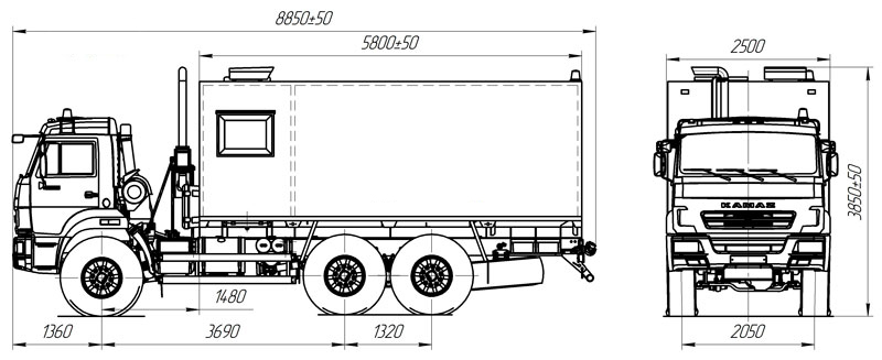 Габаритный чертеж фургона для перевозки взрывчатых веществ на шасси Камаз 43118-3027-50