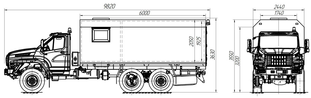 Габаритный чертеж автомобиля для перевозки взрывчатых веществ Урал-NEXT 4320-6952-72Е5Г38