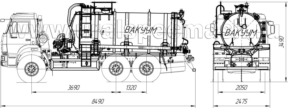 Габаритный чертеж автоцистерны ассенизационной МВ-10 Камаз 43118 с ОД
